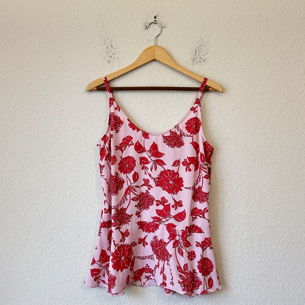 CABI Adore Cami Top Pink Red Floral Sleeveless Peplum Babydoll Tank